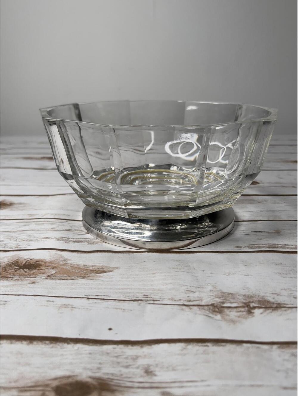 Vintage Mid Century Modern Crystal Serving Bowl With Silver Plated Base